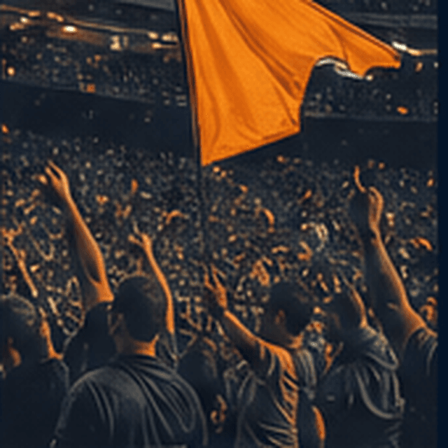 Crowd waving orange flags